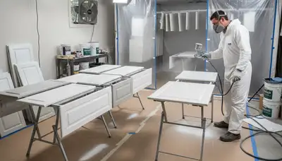 Professional cabinet painting process in Chicago IL showing smooth kitchen finish with spray technique