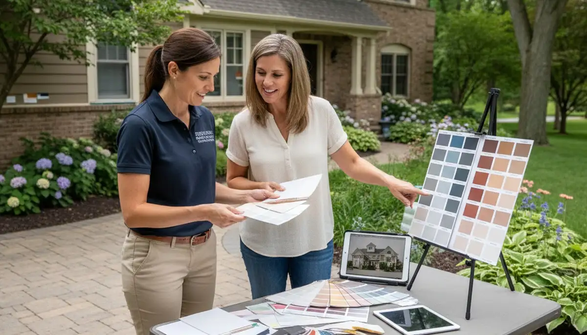 Professional house painter providing color consultation for Brookfield, IL home exterior near Chicago