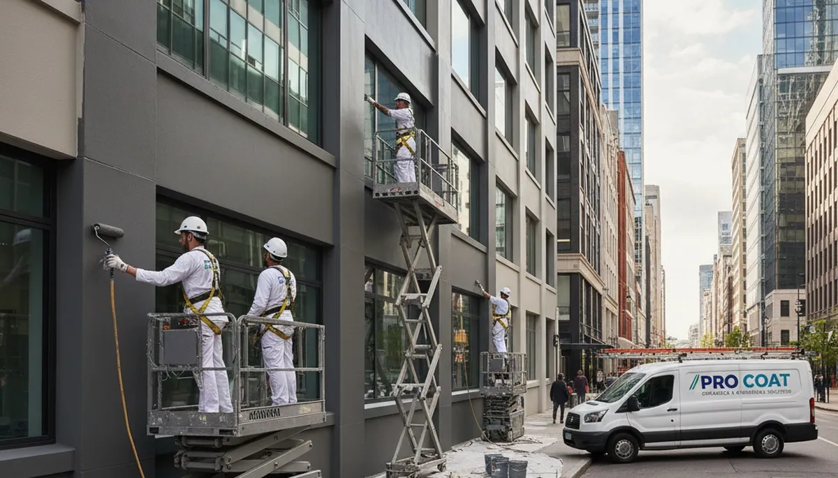 Professional commercial painters working on office building exterior in Chicago, IL