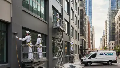 Professional commercial painters working on office building exterior in Chicago, IL