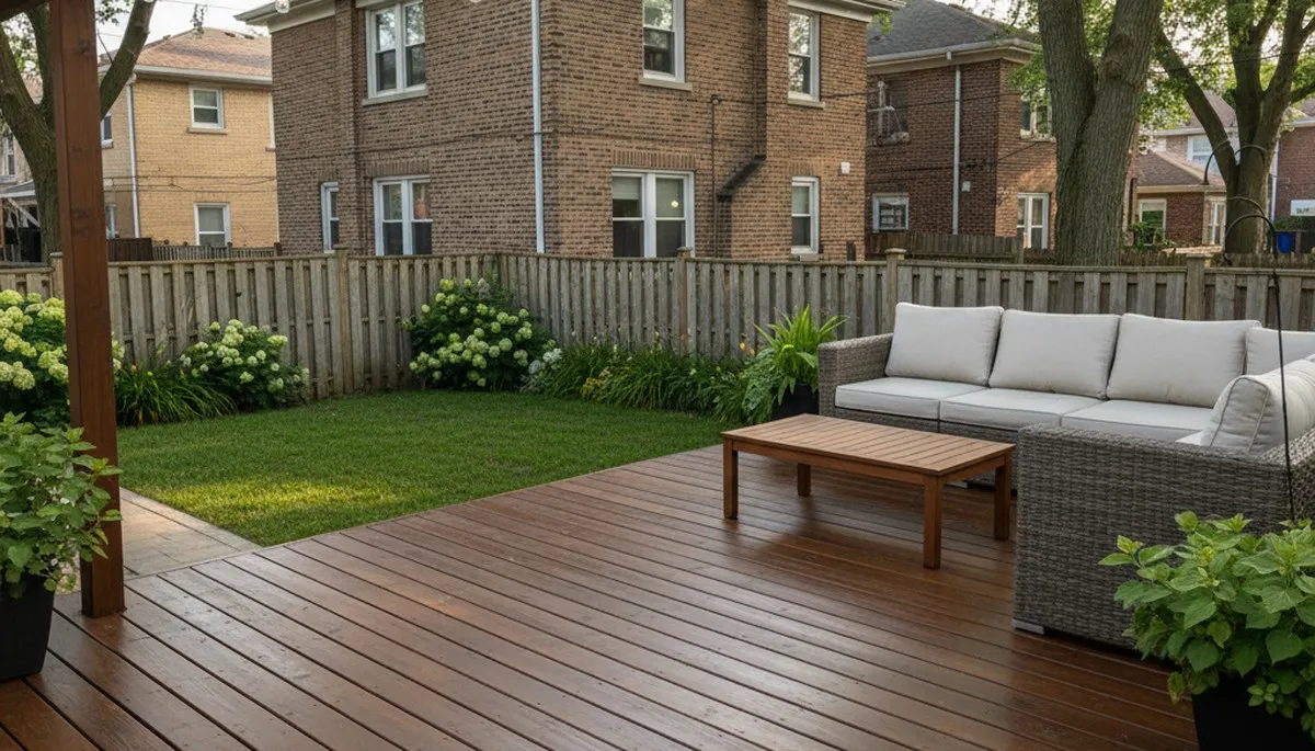 Finished deck staining in Chicago, IL showcasing rich wood color and weather-resistant professional finish