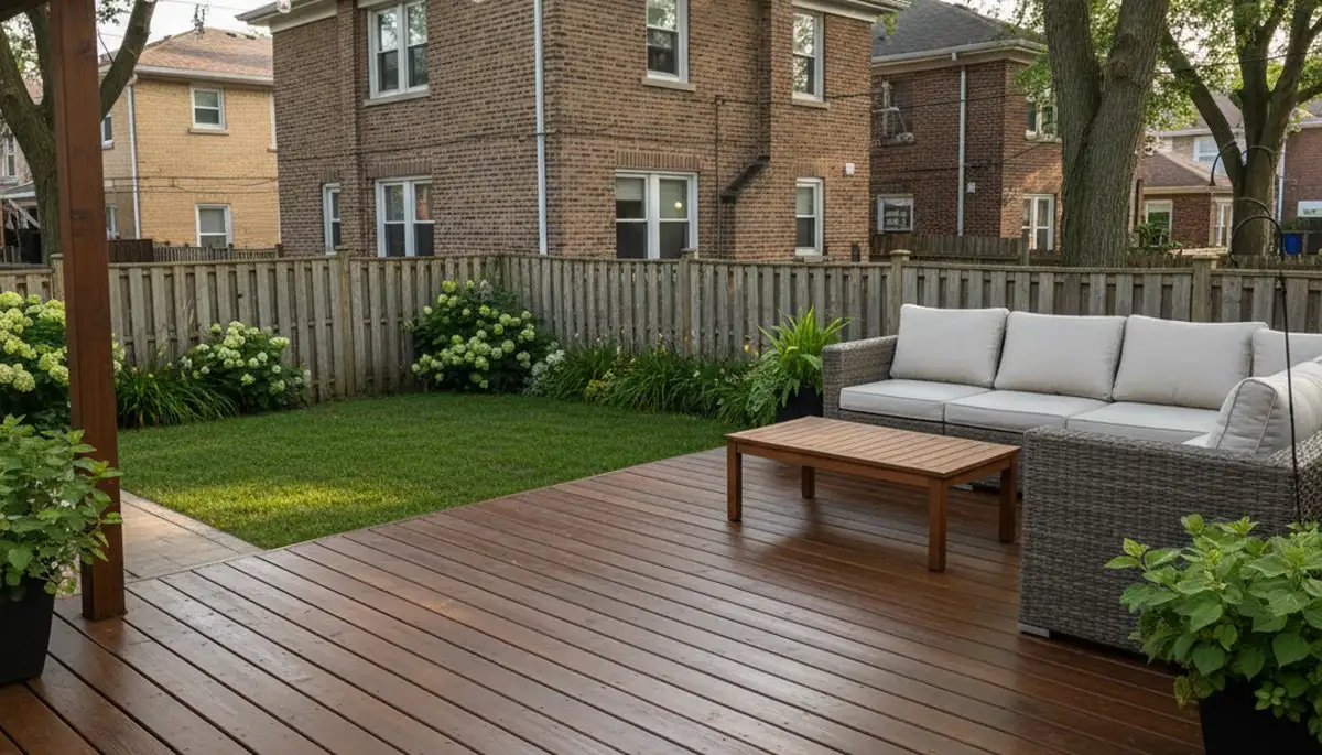 Finished deck staining in Chicago, IL showcasing rich wood color and weather-resistant professional finish