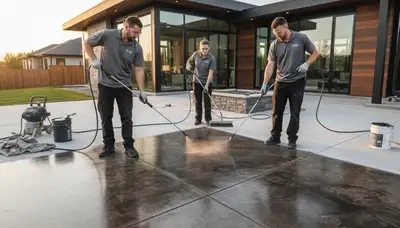 Professional concrete staining on residential garage floor in Chicago, IL for a durable modern finish