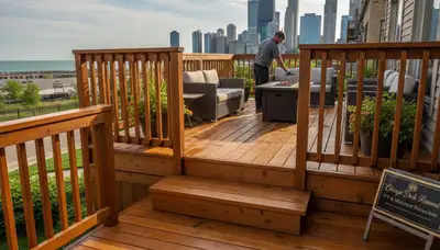 Professional deck staining in Chicago IL enhancing wood grain and protecting outdoor decks from moisture