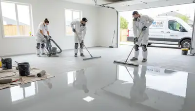 Professional epoxy floor coating in Chicago IL garage by local house painters for lasting durability