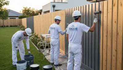 Professional fence painters finishing a wood fence in Chicago, IL with durable weather‑resistant paint
