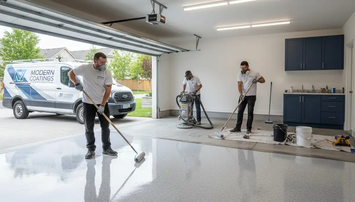 Professional garage floor epoxy coating in Chicago IL by local house painters for durable finish