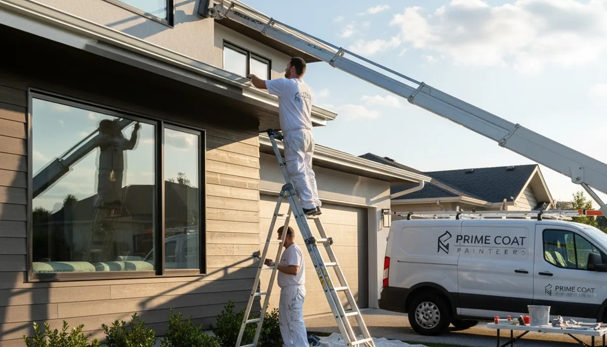 Professional gutter painting on a Chicago home by expert house painters, enhancing curb appeal and protection