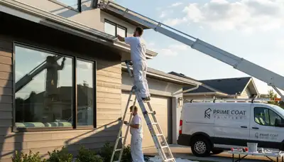 Professional gutter painting on a Chicago home by expert house painters, enhancing curb appeal and protection