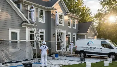 Professional house painters working on residential exterior in Chicago, IL