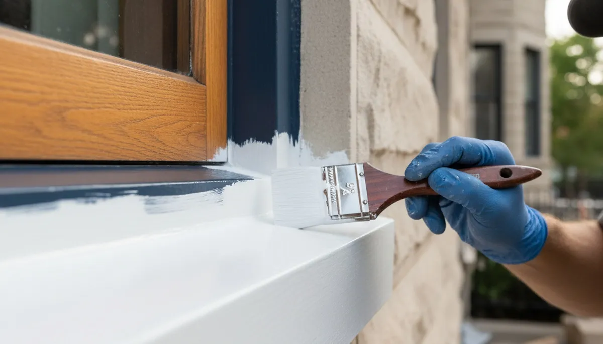 Professional painter applying smooth trim paint for a Chicago, IL home exterior with crisp, clean edges